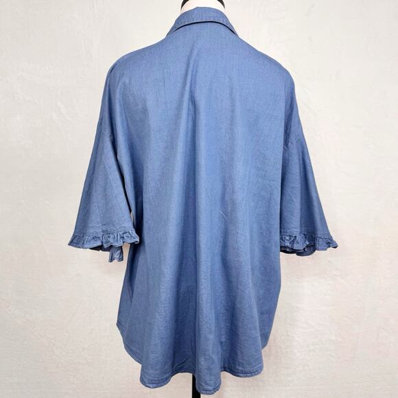 Easel Floral Embroidered Button Front Top Blue Ruffle Tie Front Preppy Size M - Picture 5 of 7